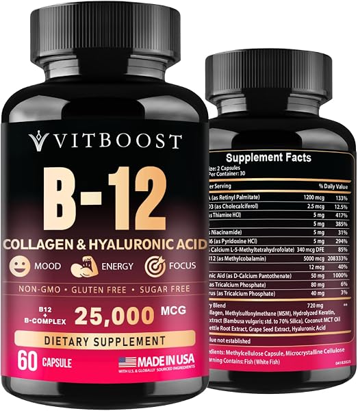 Vitamin B12 with Hyaluronic Acid and Collagen - 25000 mcg B12 Complex, 60Ct