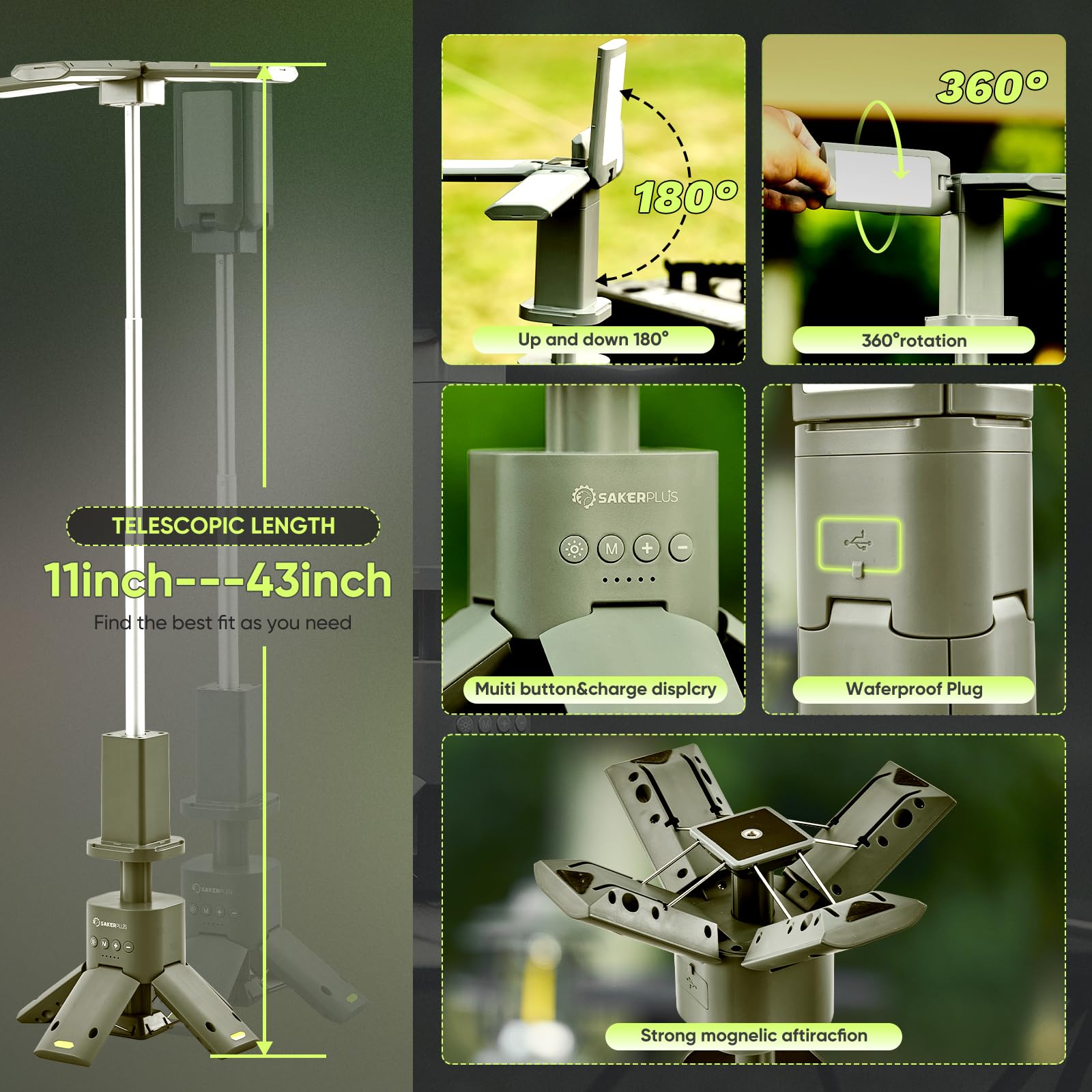 SakerPlus Tragbare Campingleuchte, 14000 mAh, Teleskop-Camping-Laterne mit wiederaufladbarem Netzteil, dimmbare magnetische Zeltlampen, 6000 Lumen, Outdoor-Arbeitsleuchten für Wandern, Camping