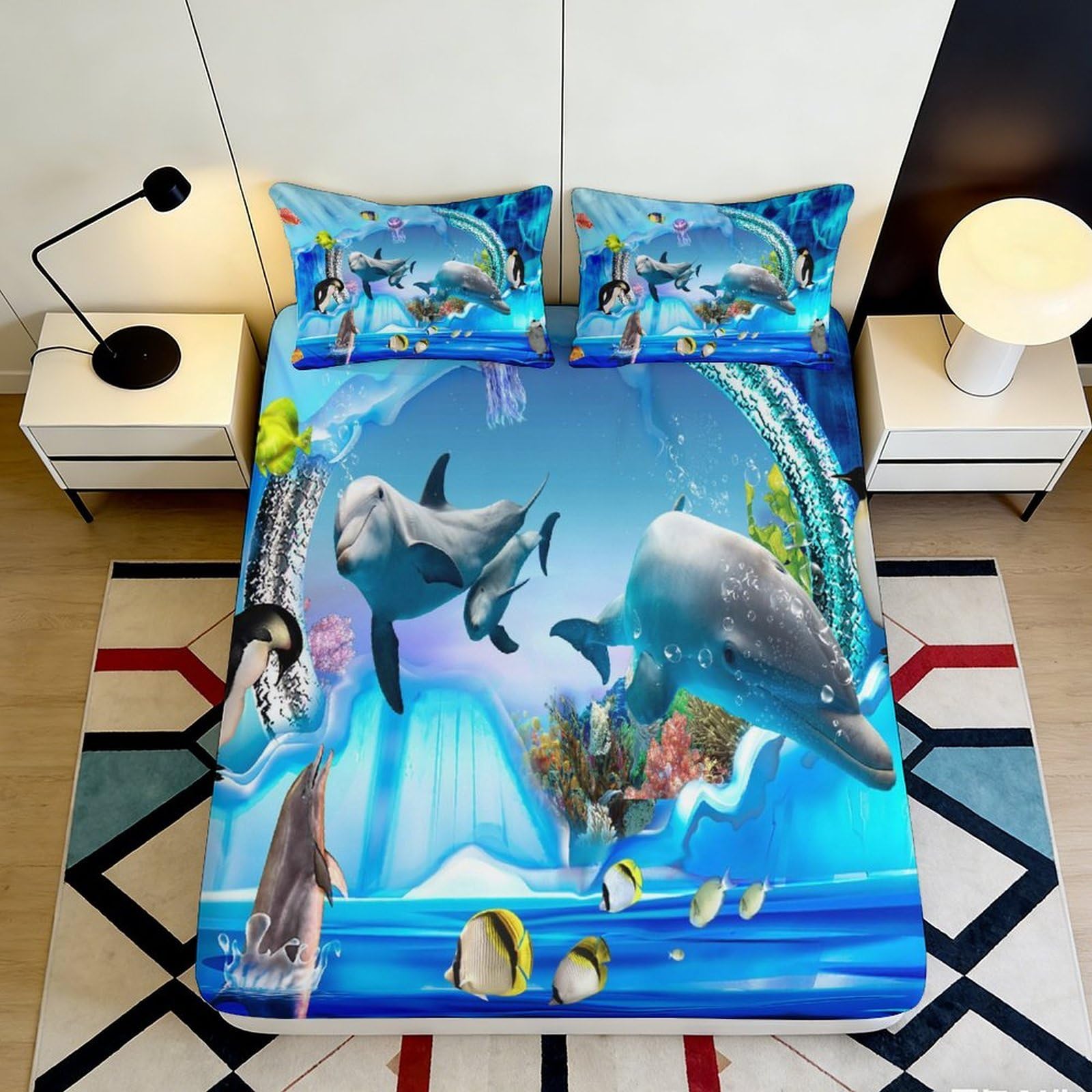 3D Printed Ocean Dolphins Fitted Sheet Microfiber Blue Underwater Fish Bed Cover for Bedroom Dormitory Guest Room Mattress Protection Decor 90x200x25cm