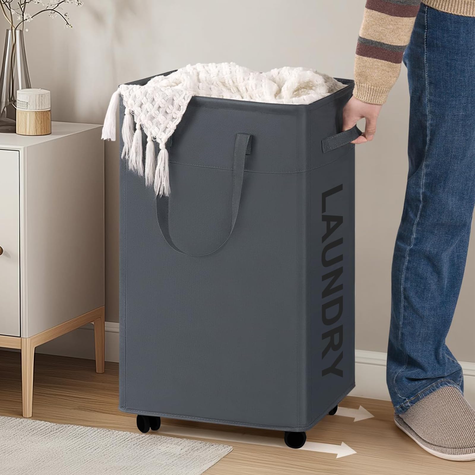 Cesto Portabiancheria con Ruote 75L, Portabiancheria Sporca con Sacchetto Rimovibile, Cesto per Biancheria con Freni, Grigio