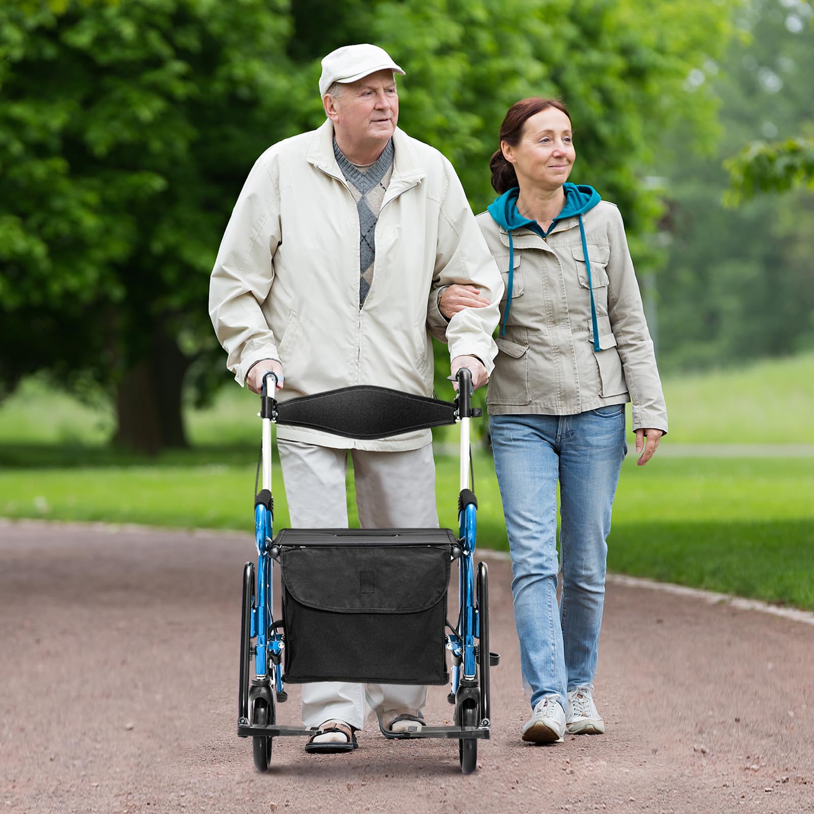 GOPLUS Składany rollator 2 w 1, pomoc w chodzeniu z regulacją wysokości, oparciem, siedziskiem i torbą, pomoc w chodzeniu, lekki chodzik z aluminium do 160 kg, składany wózek inwalidzki, rollator