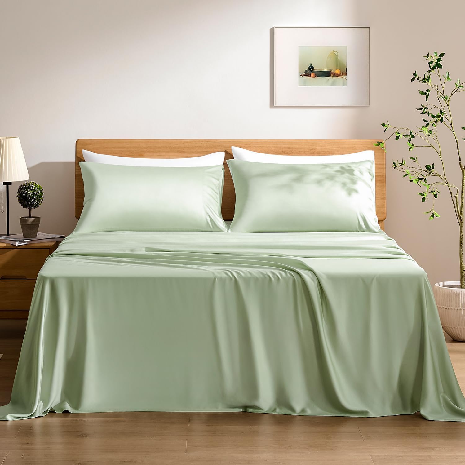 TOSMO Luxury Bamboo Viscose Sheets Queen Tea Green