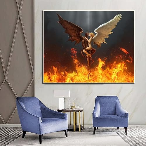 Miniatura 5 de Pósteres e impresiones de amor de demonio y ángel, arte abstracto, plumas blancas y negras, alas de ángel, pintura en lienzo, arte de pared para