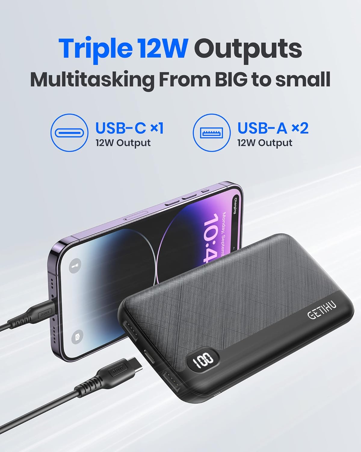 GETIHU power bank charging a smartphone and other devices, showcasing its triple output capability.