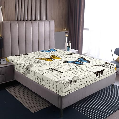 Miniatura 7 de Erosebridal Juego de sábanas bajeras con temática de animales botánicos de libélula, tamaño Queen, con texto retro para niños, sábana superior de