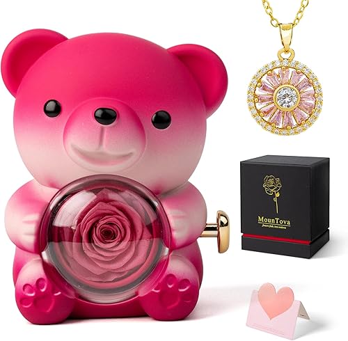 Oso de Peluche Lindo con Rosa Preservada y Collar, Regalos Elegantes de Oso con Rosas con Caja de Joyería Oculta para Mujeres, Novia, Esposa, Rosa