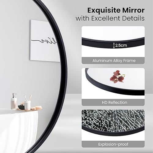 Miniatura 8 de Tangkula Espejo de baño circular negro de 24 pulgadas, espejo de pared redondo con película a prueba de explosiones, marco de acero, tornillos de
