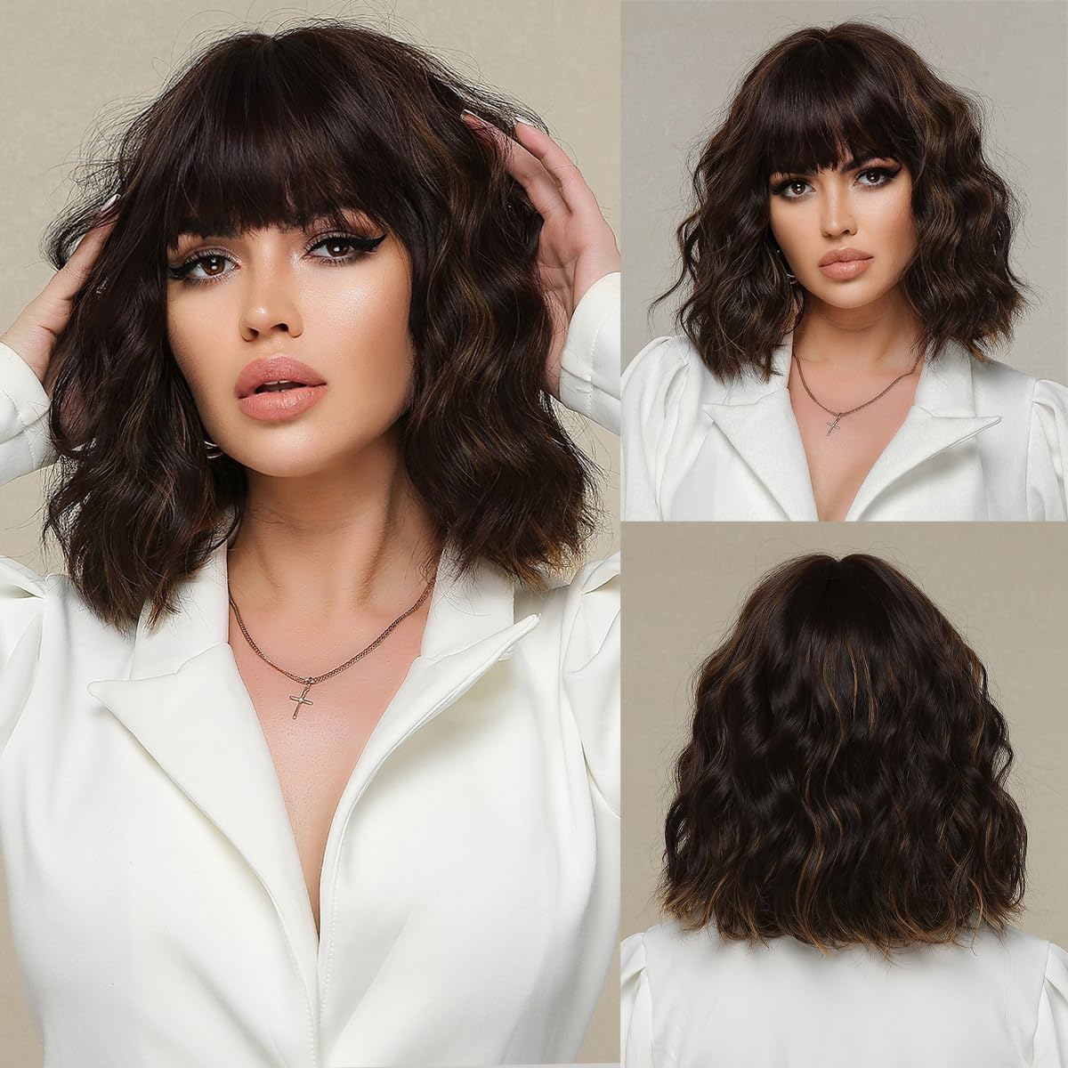 Highlight Bob Wig with Bangs for Women Shoulder Length Bob Curly Synthetic Wigs with Natural Wavy Black Mixed Brown Heat Resistant Wig for Daily Party Use