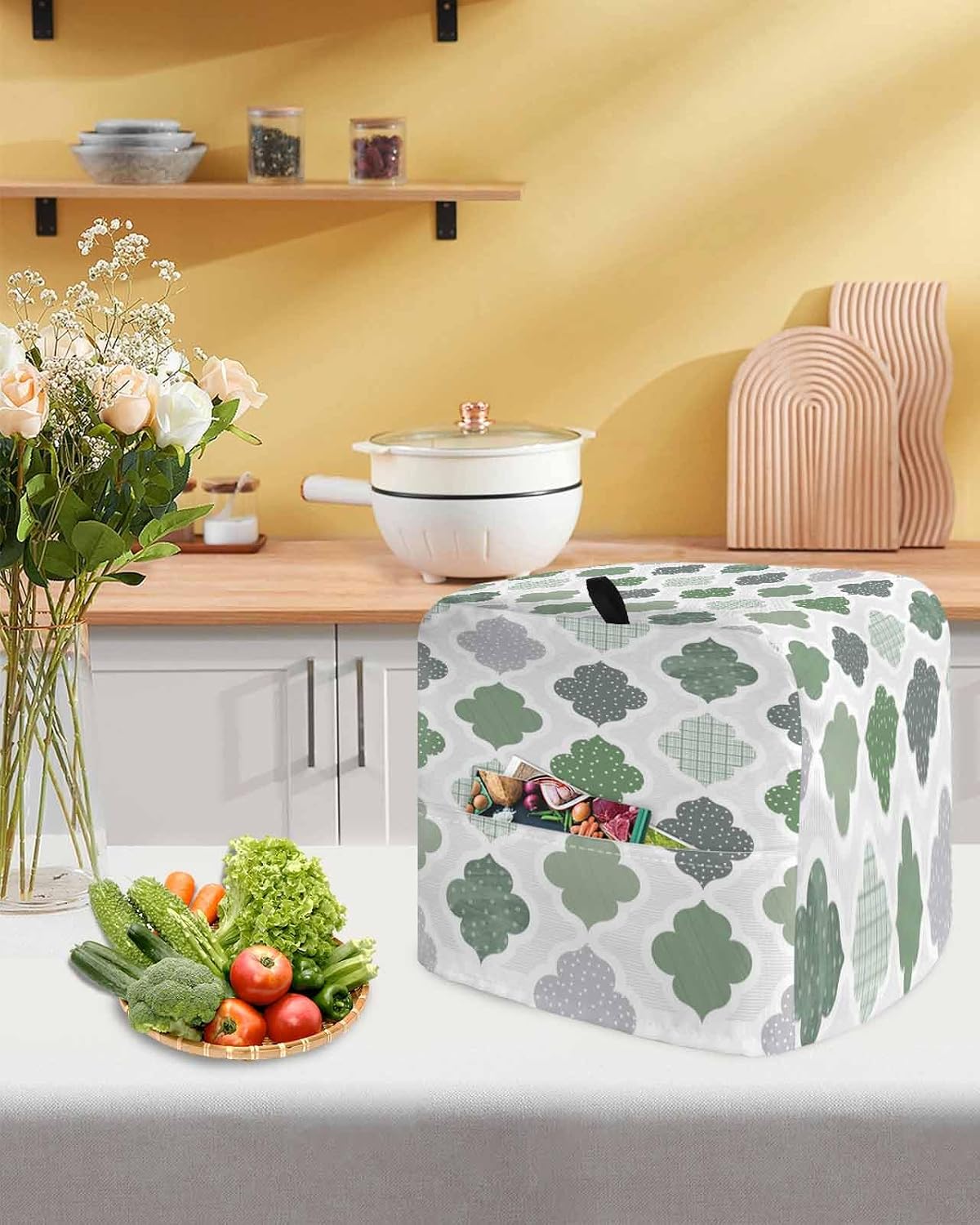 Green Geometric Stand Mixer Cover with Storage Pocket, Waterproof Kitchen Mixer Covers, Vintage Moroccan Rhombic Bohemia Gray Kitchen Appliance Dust Cover Compatible with 6-9 Quart Mixers