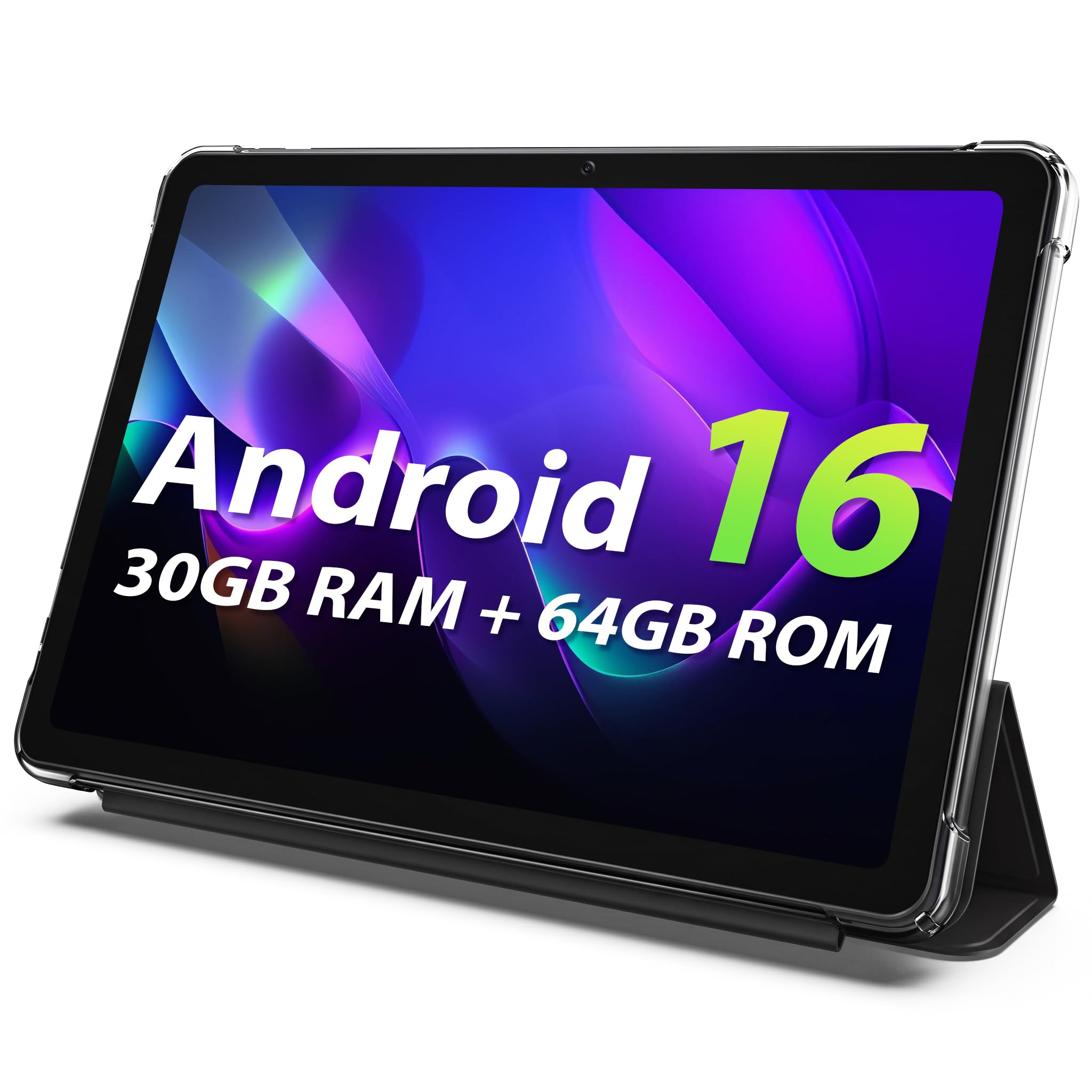 Tablet 10 inch, Android 16 Tablet, 30GB RAM + 64GB ROM, Black