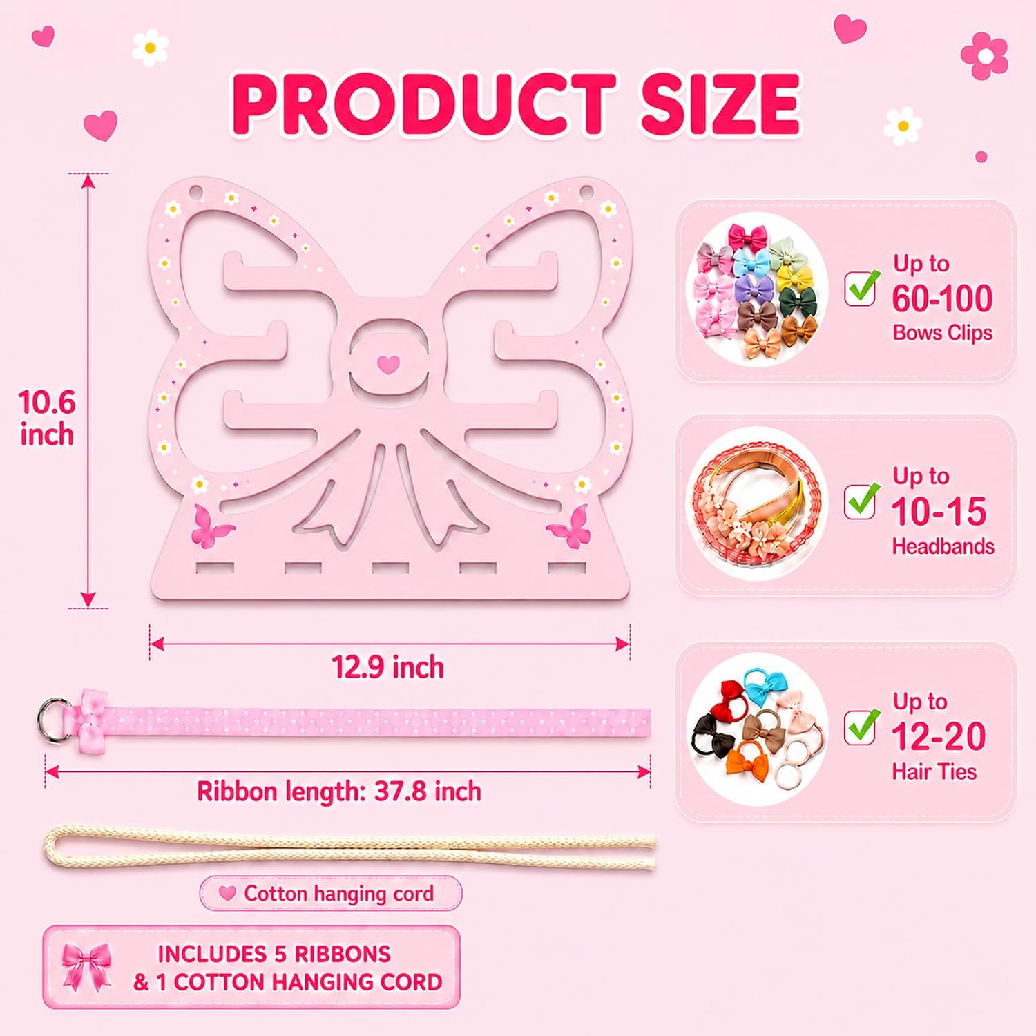Bow Acrylic Hair Bow Holder for Girls Hanging Hair Clip Organizer Headband and Barrette Holder Hair Accessories Organizer with Ribbon Storage for Girls Room Decor