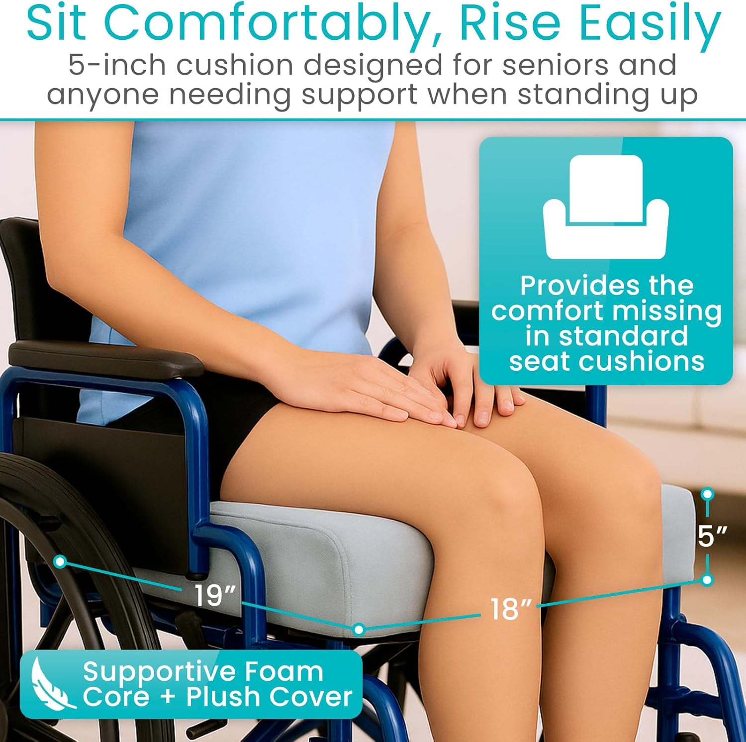 Vive Seat and Chair Cushion - Easy Rise for Elderly for Office, Wheelchair, Desk, Car & Couch - For Computer Use - Foam Sofa Pad With Cover - For Adults/Seniors - Relief for Back, Tailbone or Sciatica