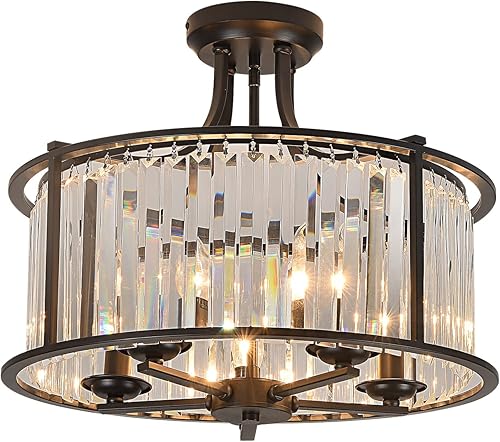 Miniatura 7 de 5-Light Black Semi Flush Mount Crystal Chandelier Metal Modern Ceiling Light Fixture Lighting for Living Room Dining Room Kitchen Bedroom Foyer