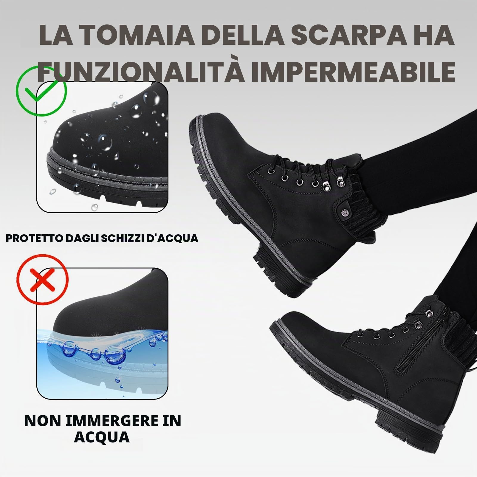 Stivali Donna Inverno Scarpe da Neve Impermeabili Stivaletti Pelliccia Stringate Outdoor Stivali da Trekking Caldi Snow Boots GR.37-42 Nero-38EU