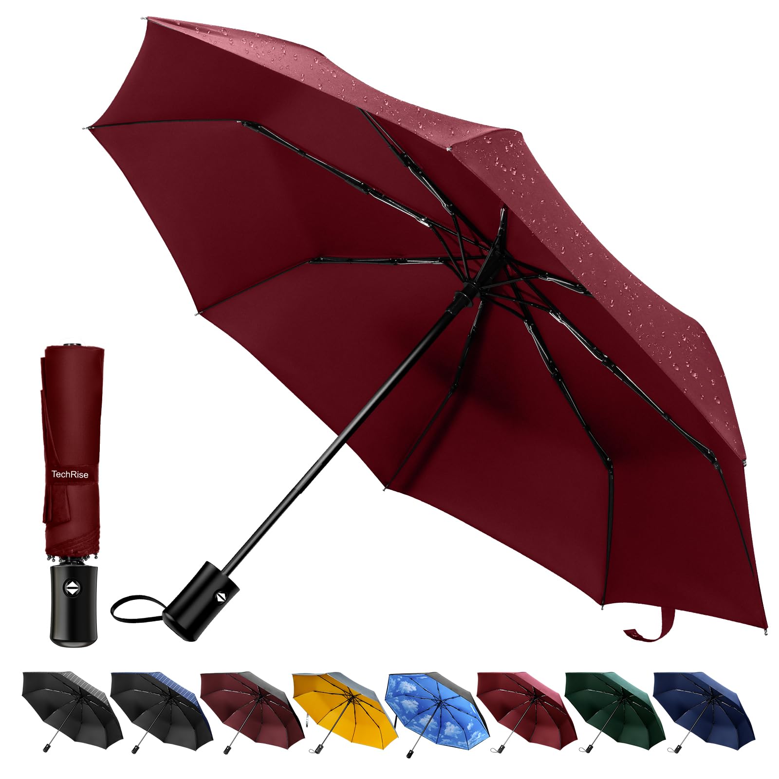 TechRise Umbrella, Compact Strong Windproof Automatic Umbrellas, Folding Lightweight, Portable Travel Golf Umbrella for Rain