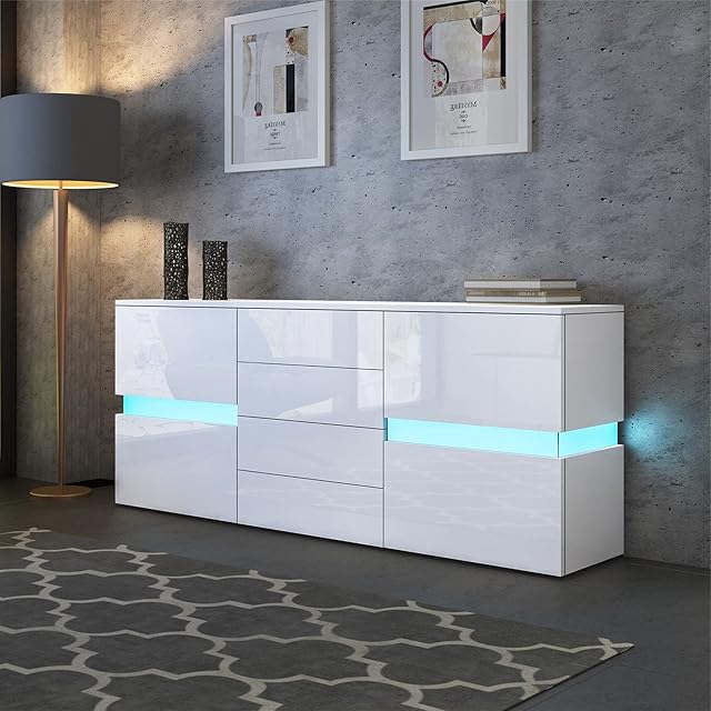 Sideboards for Living Room 2 Doors 4 Drawers White High Gloss TV Cabinet Cupboard Unit for Bedroom Dining Room Storage Furniture 177 x 72 x 35cm