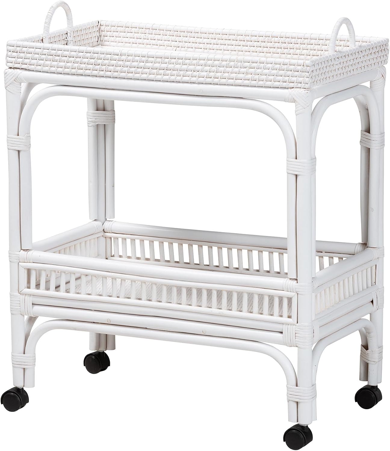 Bali & pari Lombok Natural Rattan Wine Cart - Handwoven Wicker 2-Tier Mobile Bar Cart with Raised Tray Top Kitchen or Lounge, White