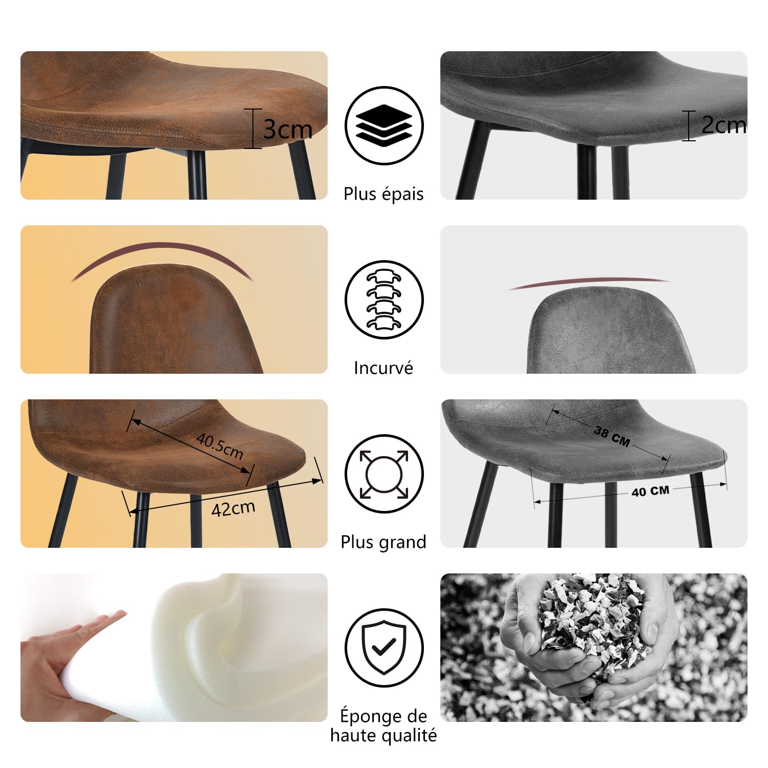 MEUBLE COSY Lot de 4 chaises de salle à manger Scandinave Fauteuil Salon Cuisine Pied Métal Noir Rétro Vintage en suédine Marron