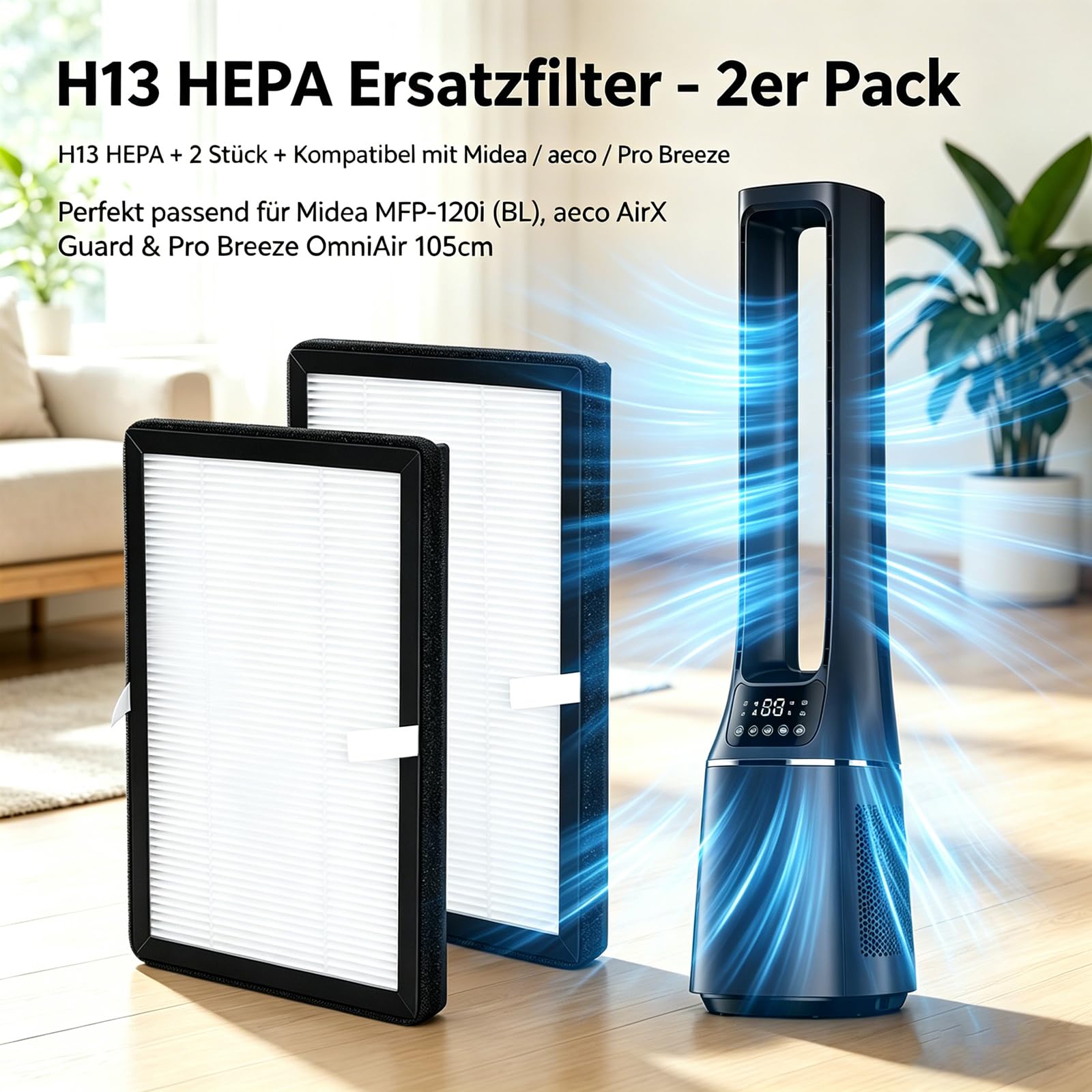 H13 - Filtro HEPA di ricambio per Midea MFP-120i (BL), aeco AirX Guard 2 in 1, per ventilatore a torre Pro Breeze OmniAir da 105 cm, con purificatore d'aria, 2 pezzi