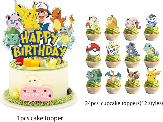 25Pcs For Anime Cake Decorations with 24pcs Cupcake Toppers, 1pcs Happy Birthday Cake Topper, Cartoon Themed Party Supplies, Perfect for Birthday Party Decorations