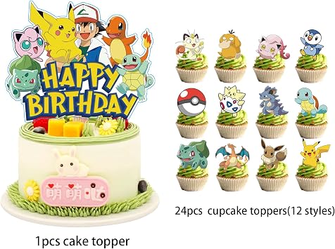 25Pcs For Anime Cake Decorations with 24pcs Cupcake Toppers, 1pcs Happy Birthday Cake Topper, Cartoon Themed Party Supplies, Perfect for Birthday Party Decorations