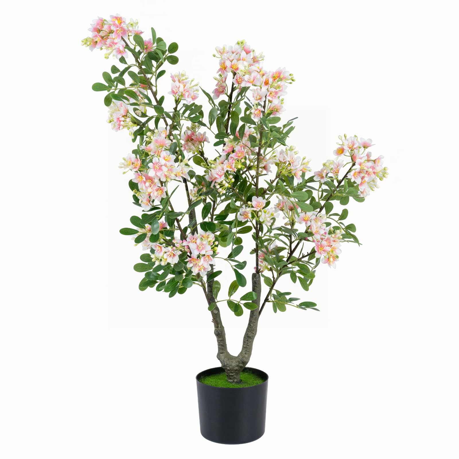 COSTWAY 90CM/100CM Artificial Flower Tree, Fake Blooming Flower Plant in Cement Pot with Realistic Leaves & Trunk, Indoor Faux Floral Potted Plant for Home Office Decor (1, 90cm, Pink Impatiens Tree)