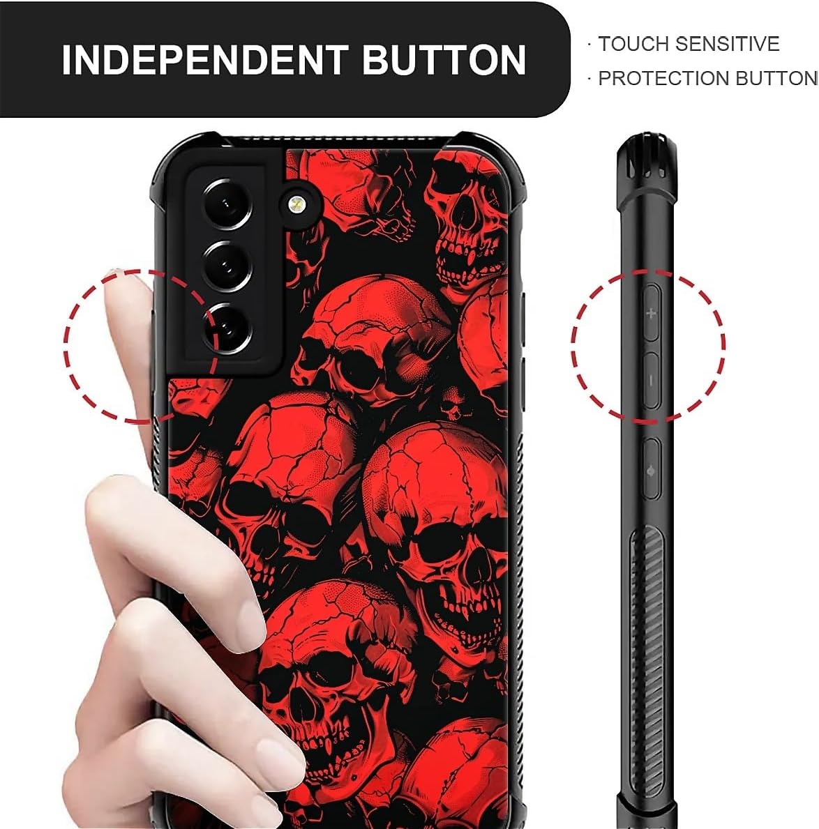 for Samsung Galaxy S22 Case, Shockproof Protective for Man Women Non-Slip for Samsung Galaxy S22 Horror Manga Style Red Skulls Crazy Pattern image 3