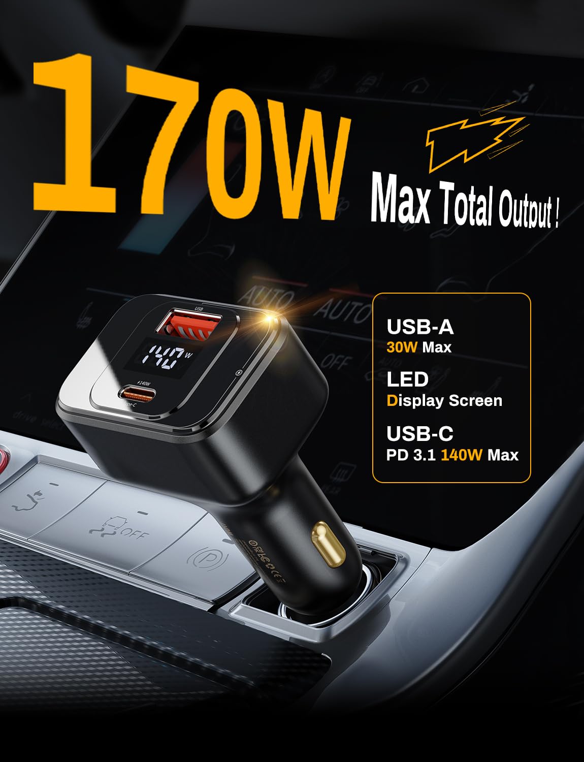 PD3.1 140 W pojedynczy port maksymalna moc wyjściowa USB-C ładowarka samochodowa 170 W maks. 2-portowa szybka ładowarka samochodowa typu C z wyświetlaczem w czasie rzeczywistym do MacBooka