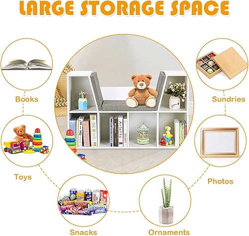 Miniatura 14 de HONEY JOY Organizador de rincón de lectura con cojín de asiento, estantería para niños con rincón de lectura, estante de almacenamiento de esquina