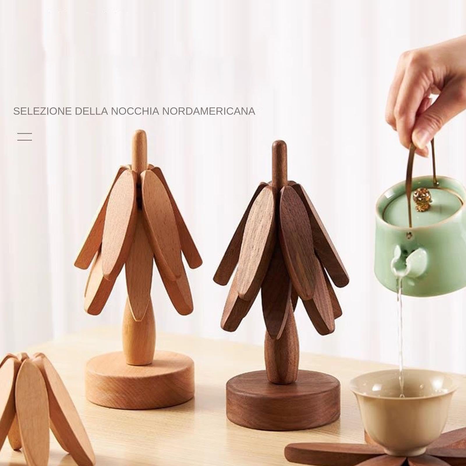 Sottopentola in legno per piatti caldi, set di sottopentola in legno a forma di albero di noce, sottobicchiere in bambù, set di sottopentola impilabile a forma di albero per cucina (noce nero