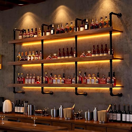 Vista 3 de Estante de Vino Grande con Luz LED de Madera Maciza Montado en la Pared, Estantes Flotantes de 3 Niveles para Botellas de Licor Organizador