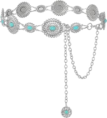 SANSTHS Women Western Concho Belt Cowgirl Boho Chain Belt Country Concert Metal Belt for Dresses