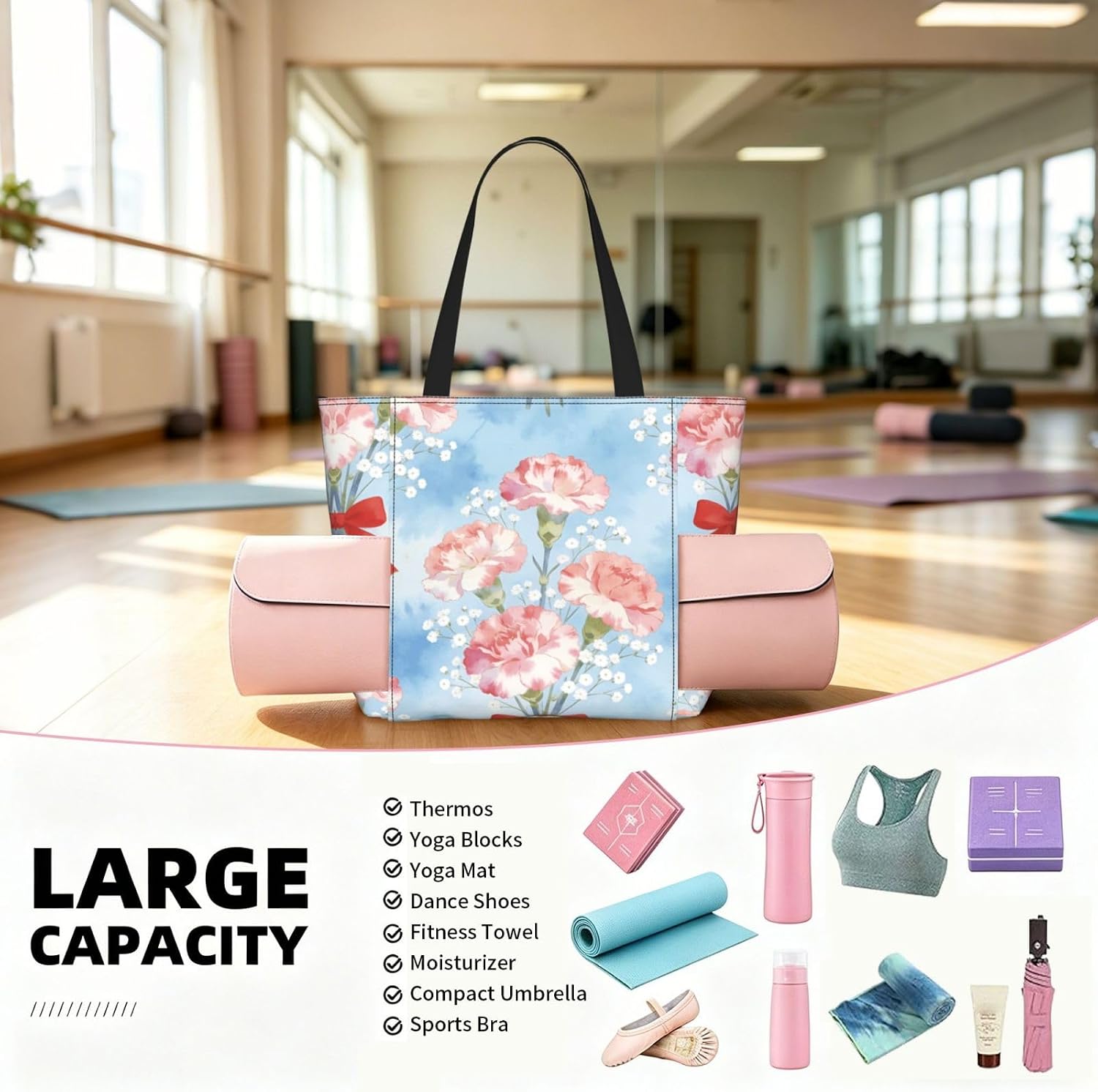 Pink Carnations with Red Bows Print Yoga Tote Bag with Mat Holder for Women image 4
