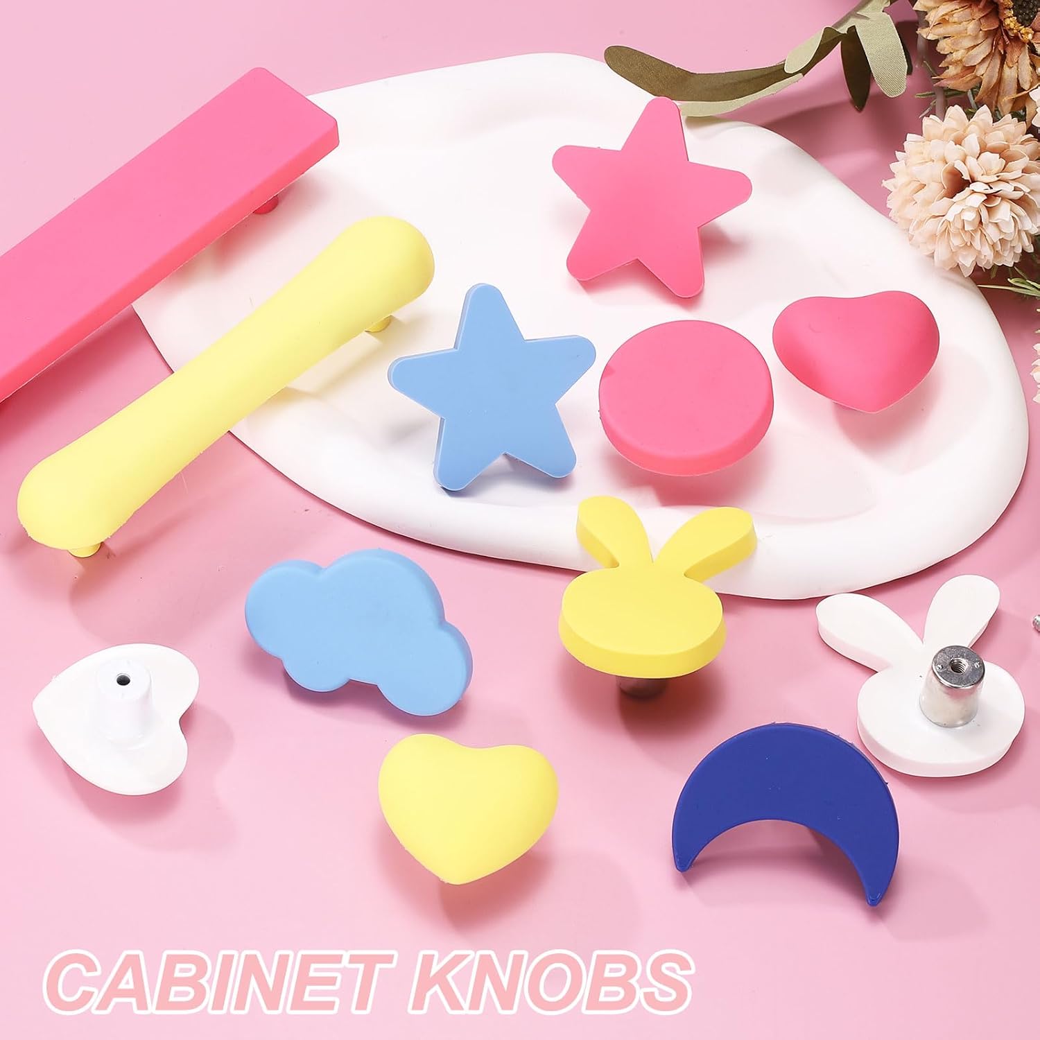 uxcell 10 Pcs Cabinet Knobs, 50x36mm Plastic Cute Dresser Pulls Cartoon Soft Rubber Drawer Handle Pulls with Screws for Bedroom Cupboard Closets Bookcase Kitchen, Moon, Yellow