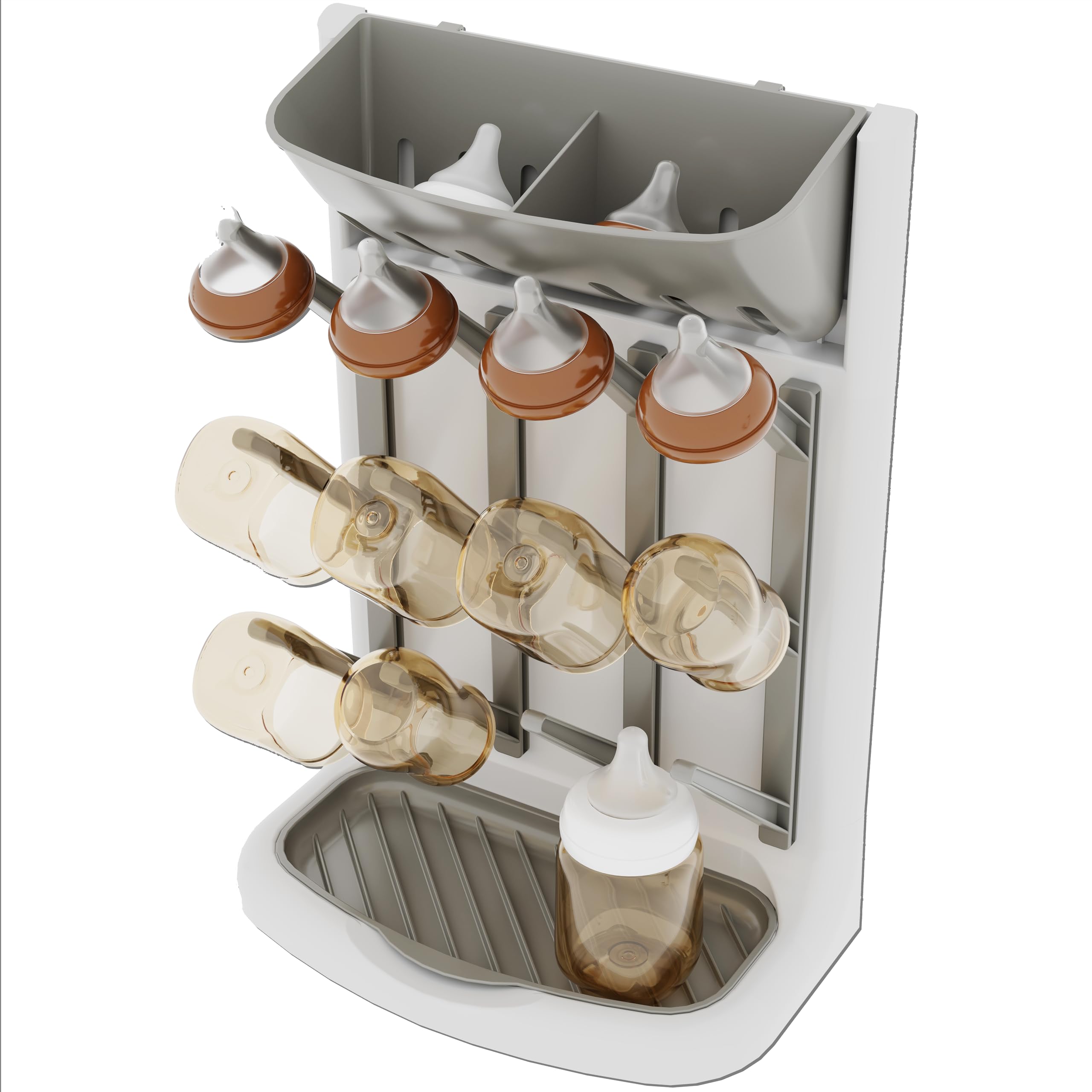 IEEK - Escurridor de biberones para bebé, ahorra espacio, para encimera, para accesorios de bebé, extractor de leche, ventosa, soporte de pared para biberones, torre de secado vertical grande, gris y blanco