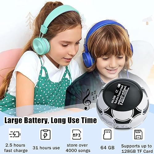 Miniatura 6 de Reproductor de MP3 de 64 GB para niños, reproductor de MP3 con Bluetooth 5.0, mini reproductor de música de balón de fútbol, compatible con altavoz,