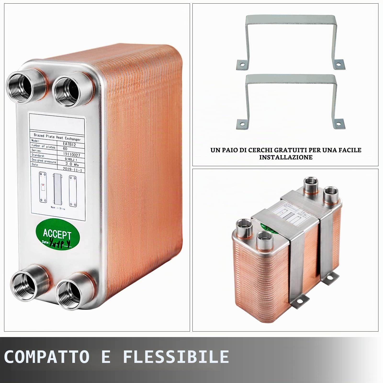 VEVOR Scambiatore di Calore 60 Piastre Scambiatore di Calore per Riscaldamento B12-60 Scambiatore di Calore Piastre in Acciaio
