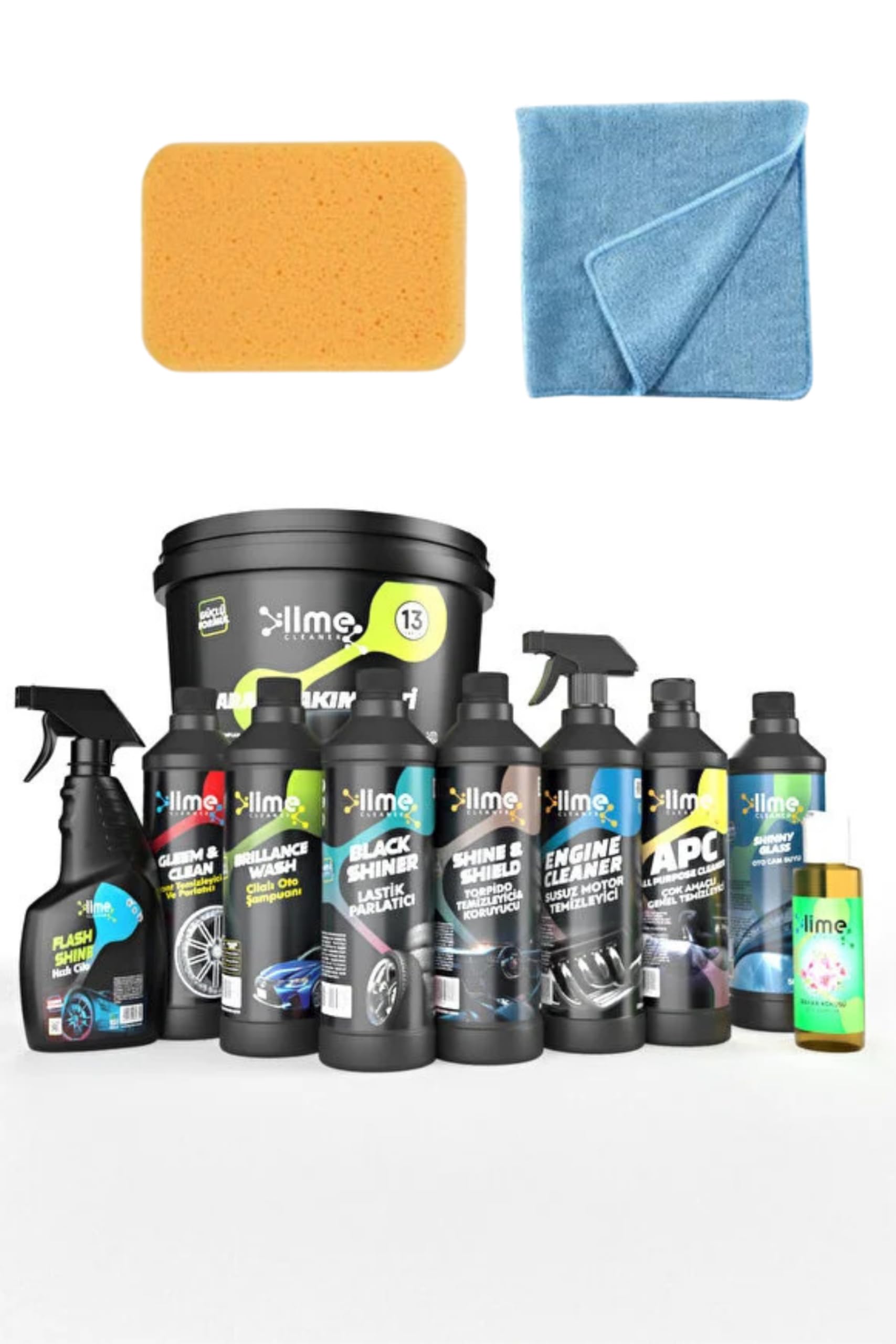 Lime Cleaner 13’lü Oto Bakım ve Temizlik Seti | Torpido Temizleyici, Oto Şampuan, Lastik Parlatıcı, Motor & Jant Temizleyici, Hızlı Cila, Mikrofiber Bez ve Sünger Dahil | Araç Bakım Seti