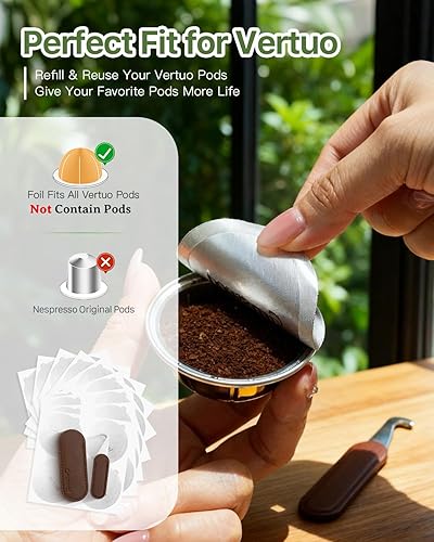 Miniatura 2 de Grasseed Abridor de tapas reutilizables para cápsulas Nespresso VertuoLine con 100 sellos de papel de aluminio para limpiar y rellenar cápsulas