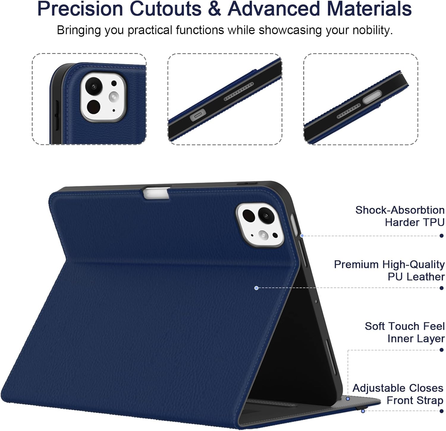 Case for iPad Pro 11 inch (M5/M4) 2025/2024, Multi-Angle PU Leather Cover for i Pad Pro 11" with Pencil Holder/Hand Strap/Pocket, Auto Wake/Sleep, Navy Blue
