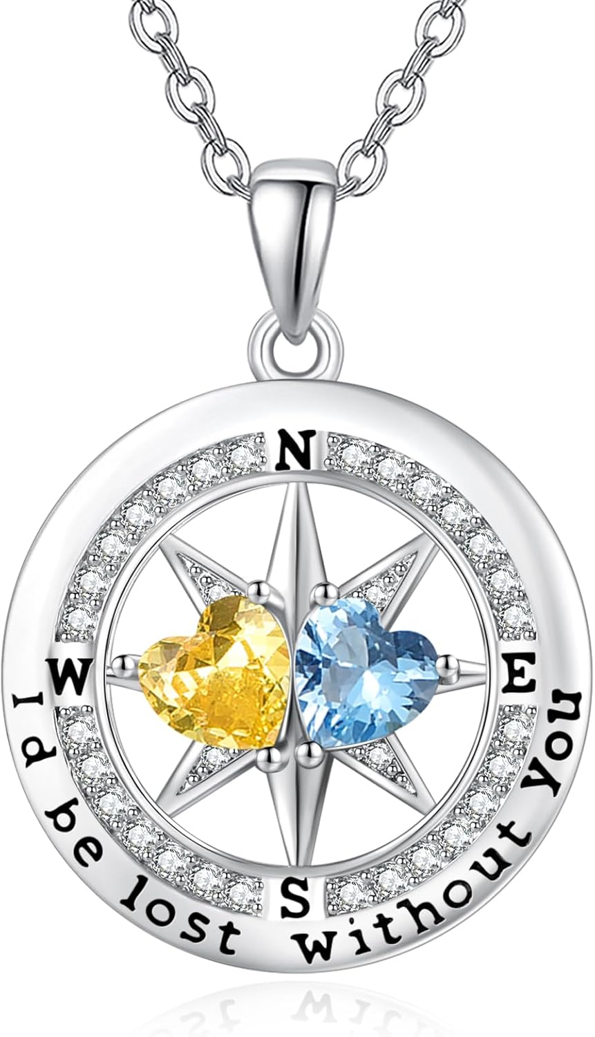 Christmas Gifts Compass/Clover/Cross Necklace for Women Exquisite Anniversary Birthday Gifts for Wife Her Double Birthstone Pendant jewelry ‘I'd be Lost Without You’