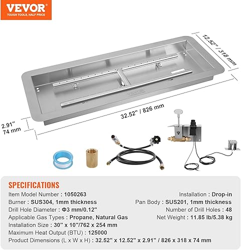 Miniatura 7 de VEVOR Sartén para hoguera de 30 x 10 pulgadas, kit de quemador rectangular de acero inoxidable, sartén de gas propano de 125,000 BTU con quemador en