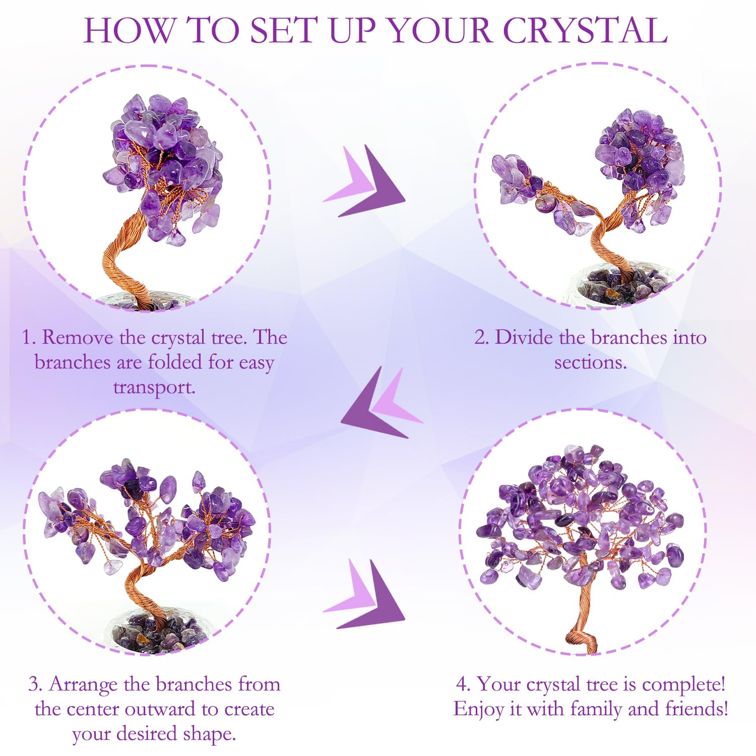Arbre en cristal de quartz rose fait main pierre précieuse guérison décoration maison bureau chakra cadeau porte-bonheur anniversaire violet