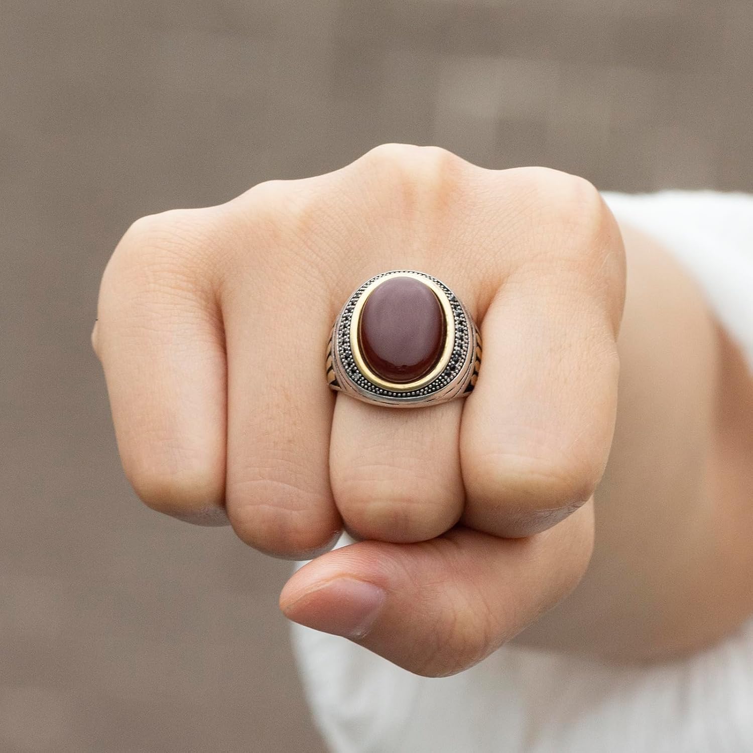 925 Sterling Silver Men's Ring Natural Red Onyx Ring for Men Fashion Signet Rings with Natural Red Agate Stone Turkish Cool Handmade Luxury Jewelry Gift for Him - Image 3