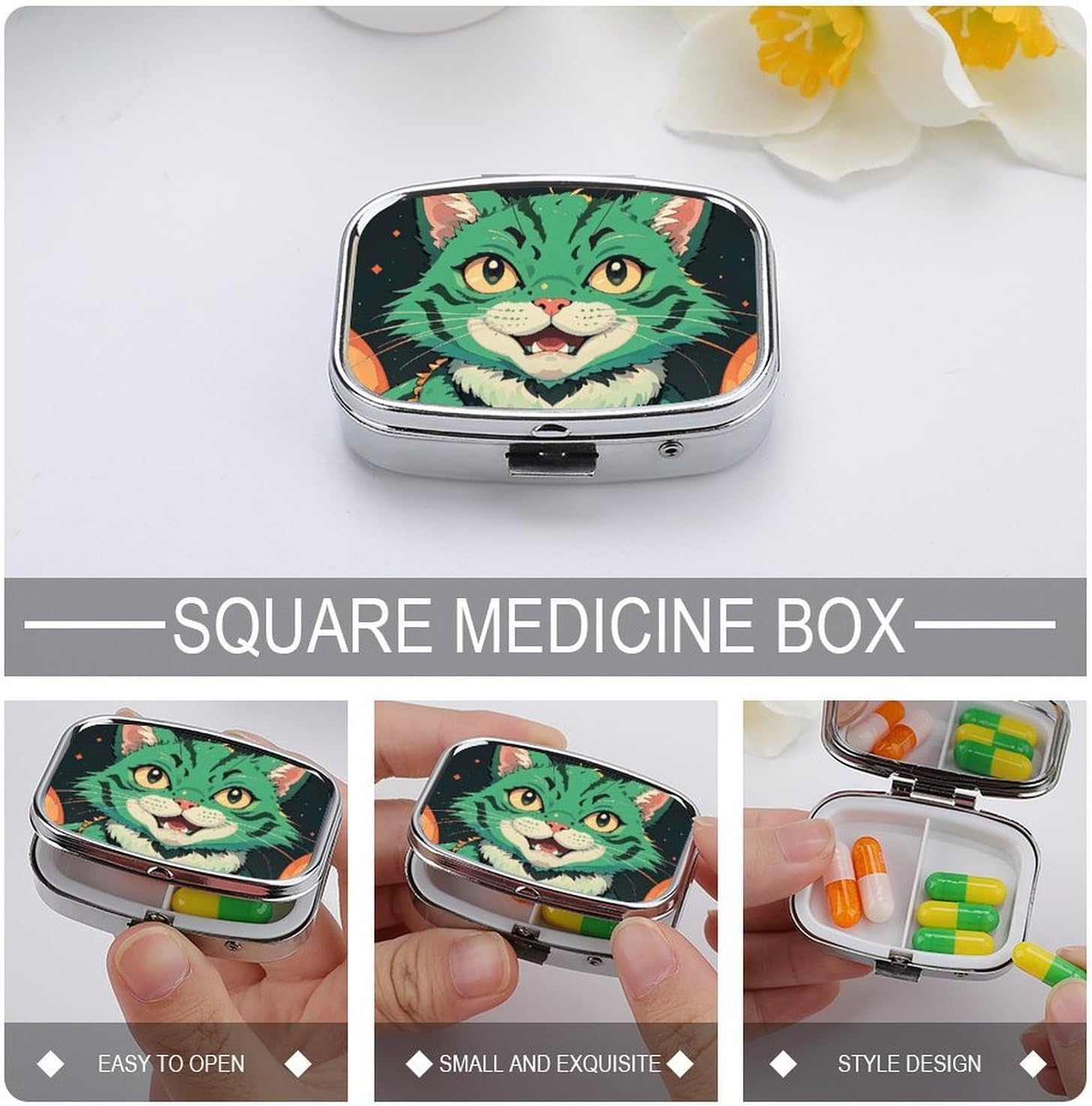 Anime Green Cat Pill Case Portable Pill Organizer with 2 Compartment Moisture Proof Metal Travel Pill Box Medication, Fish Oil and Supplements image 4