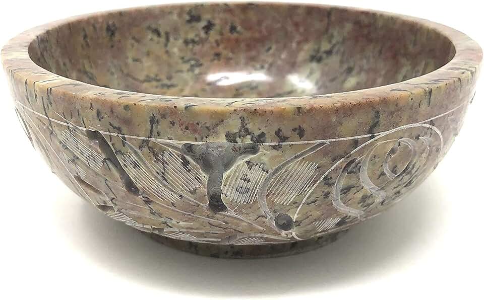 Soapstone Floral Design Handmade Scrying & Smudge Bowl | Scrying - Bowls & Mirrors Floral Carved Ritual Bowls for Altar, Meditation, Incense, Smudge Stick Rest – Natural Stone Offering Bowl