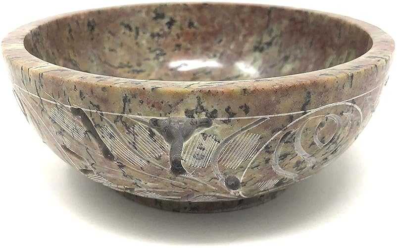 ARTISENIA Soapstone Floral Design Handmade Scrying & Smudge Bowl | Scrying - Bowls & Mirrors Floral Carved Ritual Bowls for Altar, Meditation, Incense, Smudge Stick Rest – Natural Stone Offering Bowl