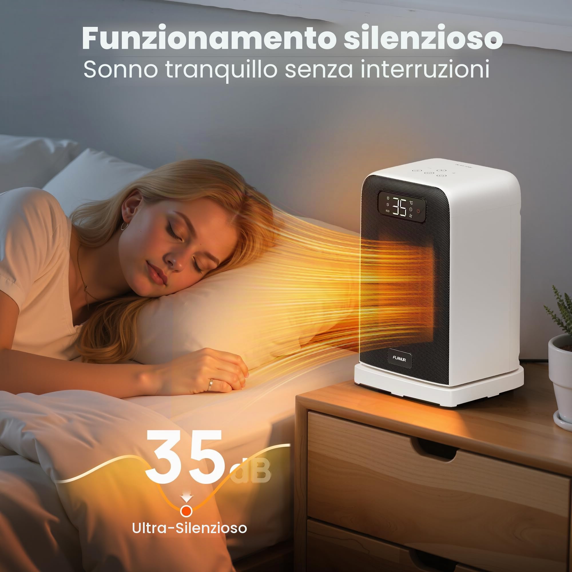 FLANUR Termoventilatore a risparmio energetico, 1500 W PTC, termoventilatore portatile con termostato e modalità ECO, termoventilatore 2 in 1, display digitale, timer da 12 ore, riscaldamento