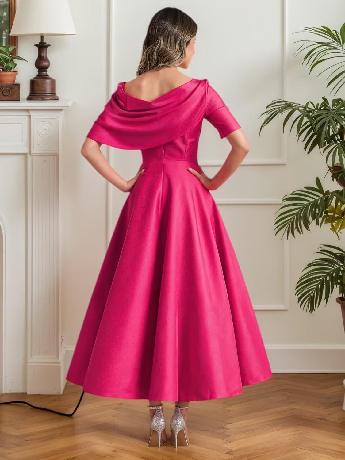 One Shoulder Satin A Line Mother of The Bride Dresses Tea Length Formal Evening Gown with Pockets for Wedding Guest