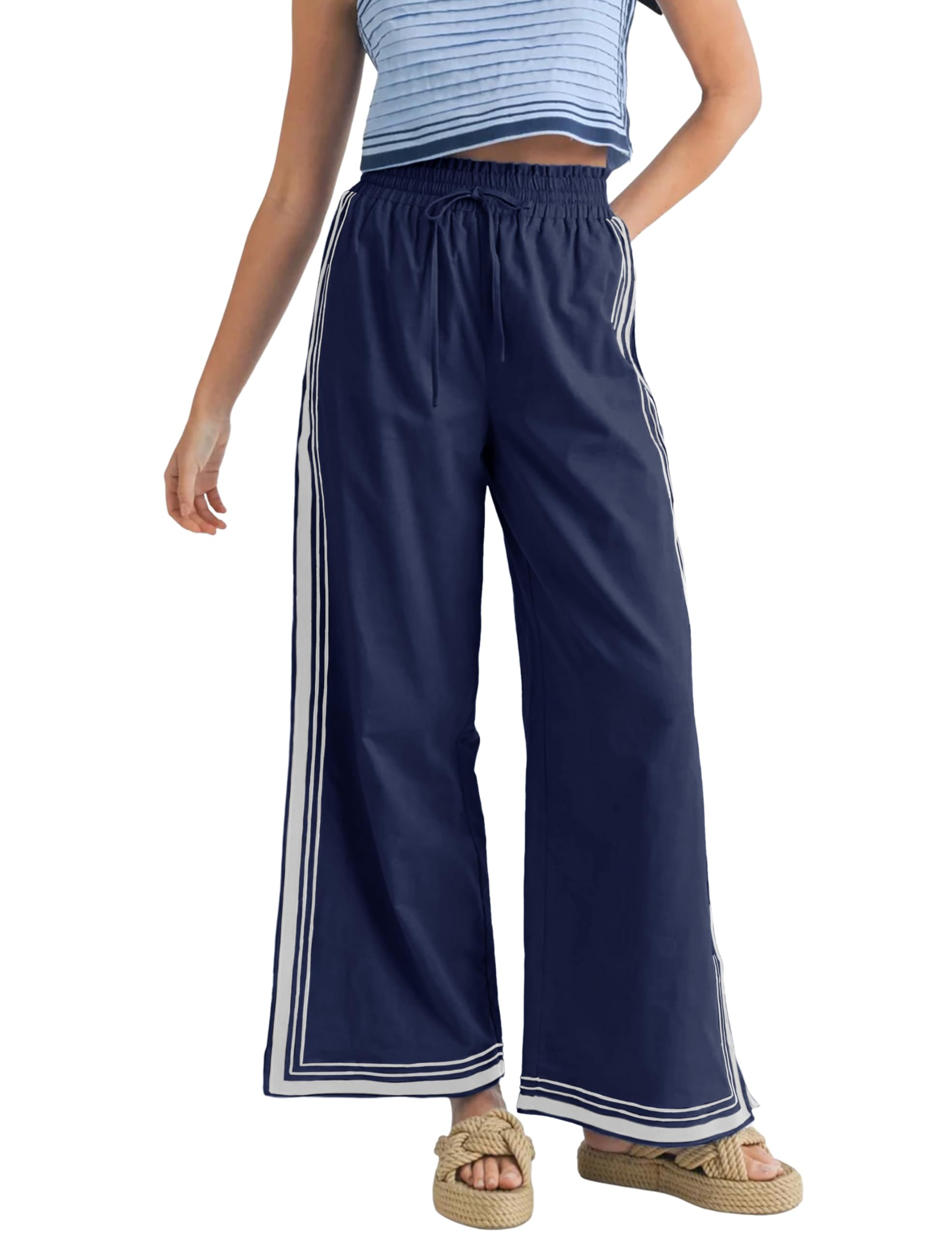 Womens Casual Wide Leg Side Striped Pant Drawstring Elastic Waist Lounge Palazzo Pants with Pockets
